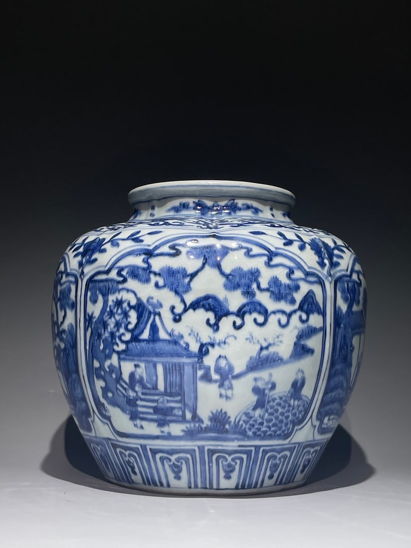 An Exquisite Blue and White Character and Story Pattern Jar: An Exquisite Blue and White Character and Story Pattern Jar,Ming Dynasty, China,Jiajing Six-character Mark,Size:8.9inx9.8in