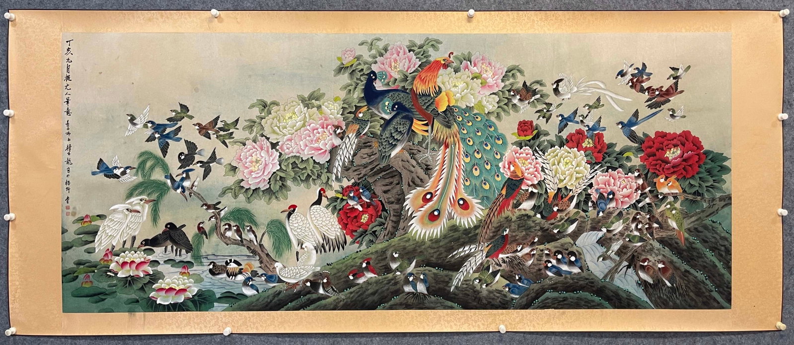 A Chinese Ink Painting of Flowers and Birds on Paper: A Chinese Ink Painting of Flowers and Birds on Paper,Modern Time of China,Yan Bolong,without frame size:94.5inx39.4in 一幅中国水墨纸本花鸟&#