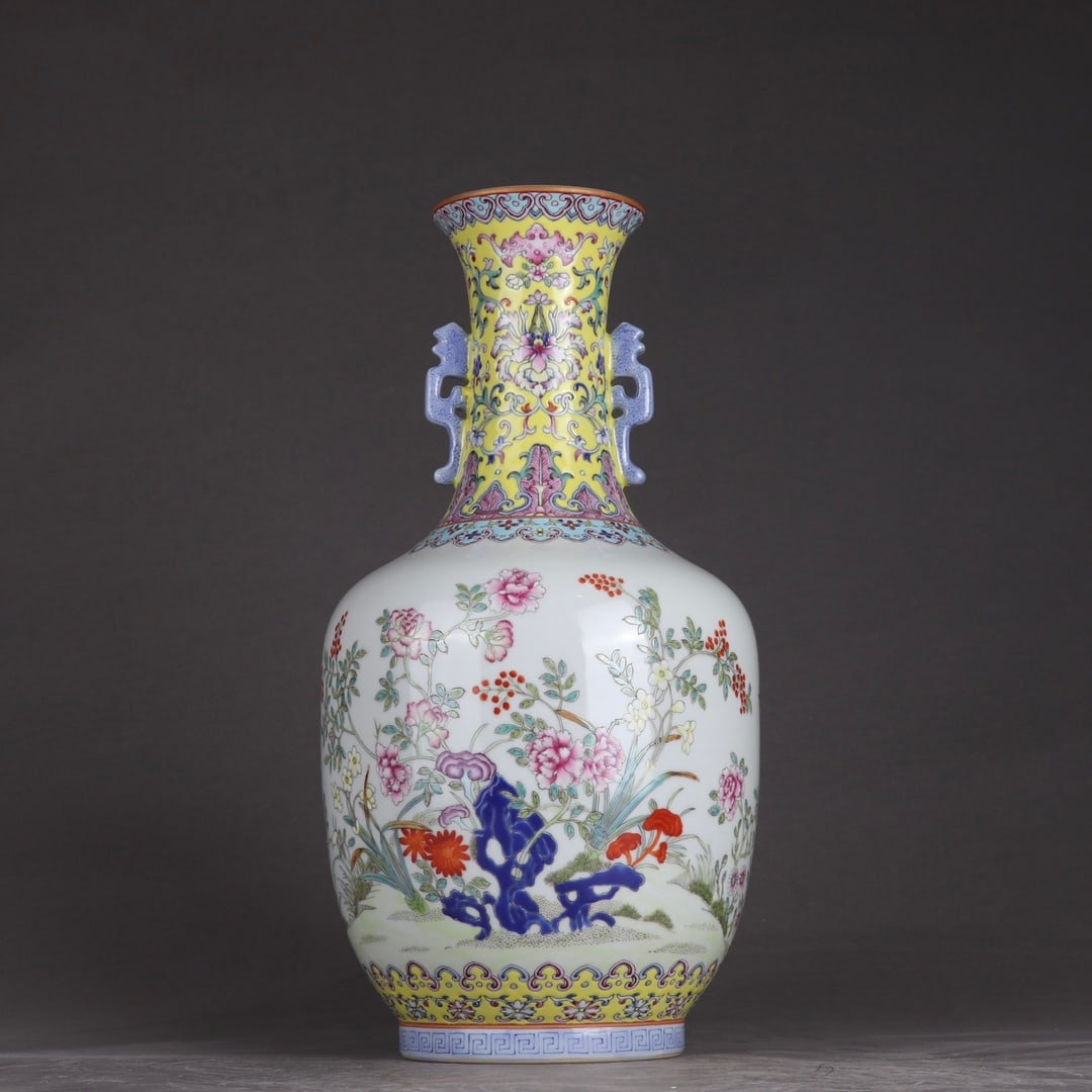 An Exquisite Famille-Rose Flower Pattern Double-Ears Vase: An Exquisite Famille-Rose Flower Pattern Double-Ears Vase,Qing Dynasty, China,Qianlong Six-character Mark,Size:12.7inx6.5in 粉彩花卉纹双耳瓶,中