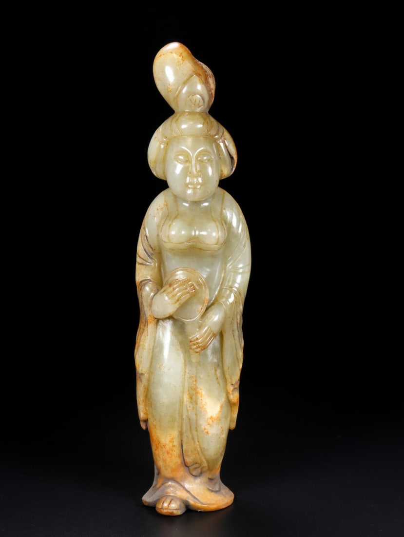 An Exquisite Hotan Jade Figures Ornament: An Exquisite Hotan Jade Figures Ornament,Tang Dynasty, China,Size:2.8inx2.8inx11.8in,Weight:1636g 和田玉人摆件,中国唐代
