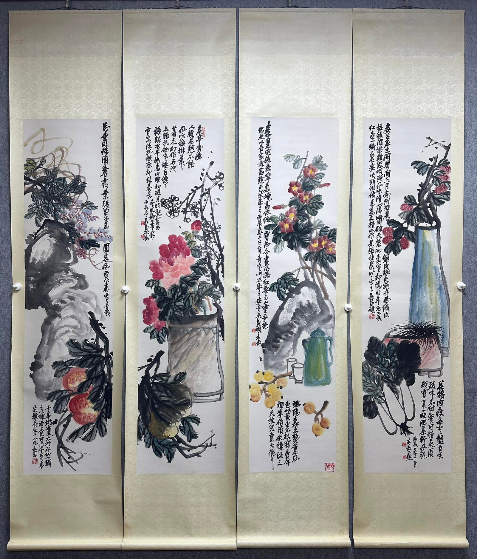A Set of Four Chinese Vertical Scroll Ink Paintings of Flowers on Paper: A Set of Four Chinese Vertical Scroll Ink Paintings of Flowers on Paper,Modern Time of China,Wu Changshuo,without frame size:13.4inx53.9in 一套中国水墨纸Ĉ