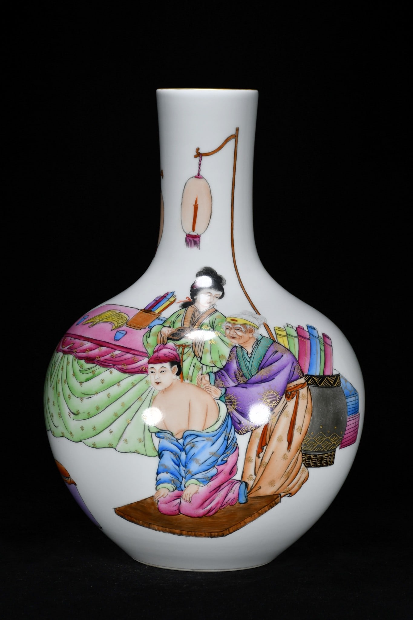 An Exquisite Enamel Painted Gold Character and Story Pattern Vase: An Exquisite Enamel Painted Gold Character and Story Pattern Vase,Qing Dynasty, China,Qianlong Six-character Mark,Size:16.5inx11.8in 珐琅彩描金人物故