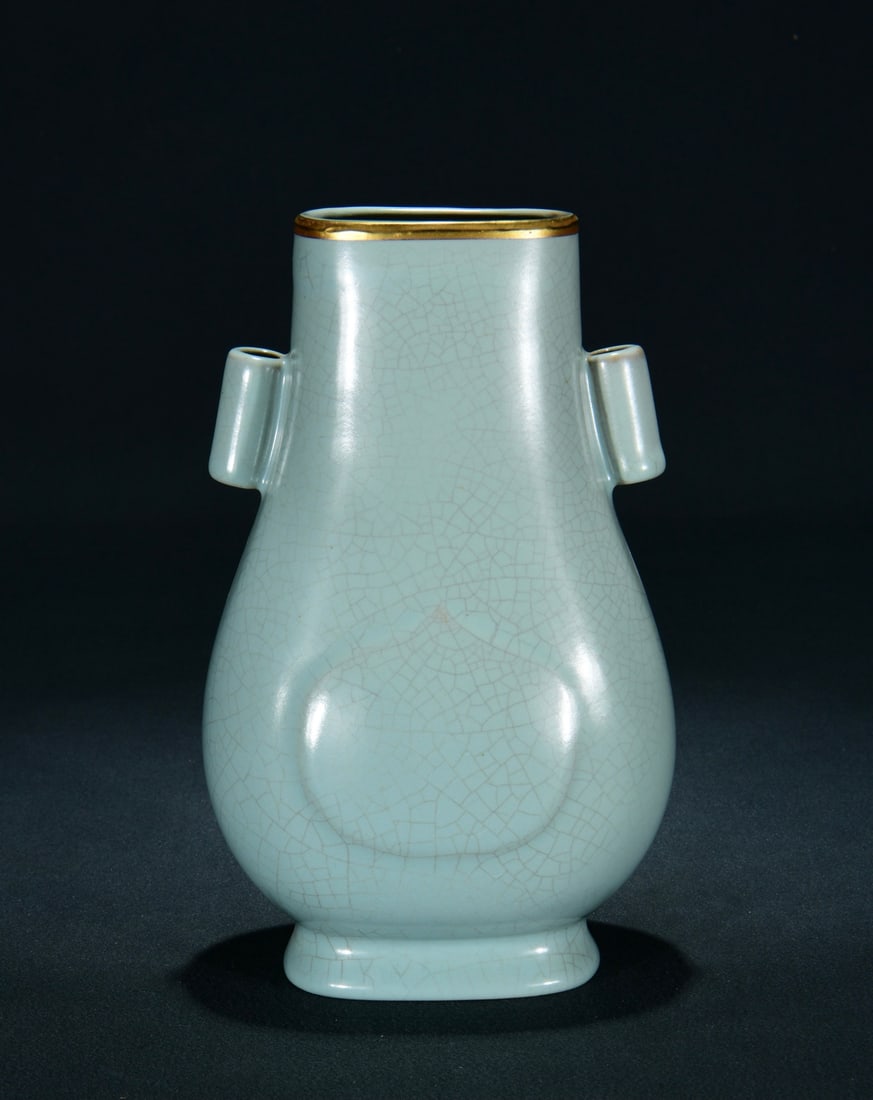 An Exquisite Ru yao Sky Blue Glazed Gold Mounted Double-Ears Vase: An Exquisite Ru yao Sky Blue Glazed Gold Mounted Double-Ears Vase,Song Dynasty, China,With Mark,Size:9.1inx5.1in 汝窑天青釉包金双耳瓶,ߑ
