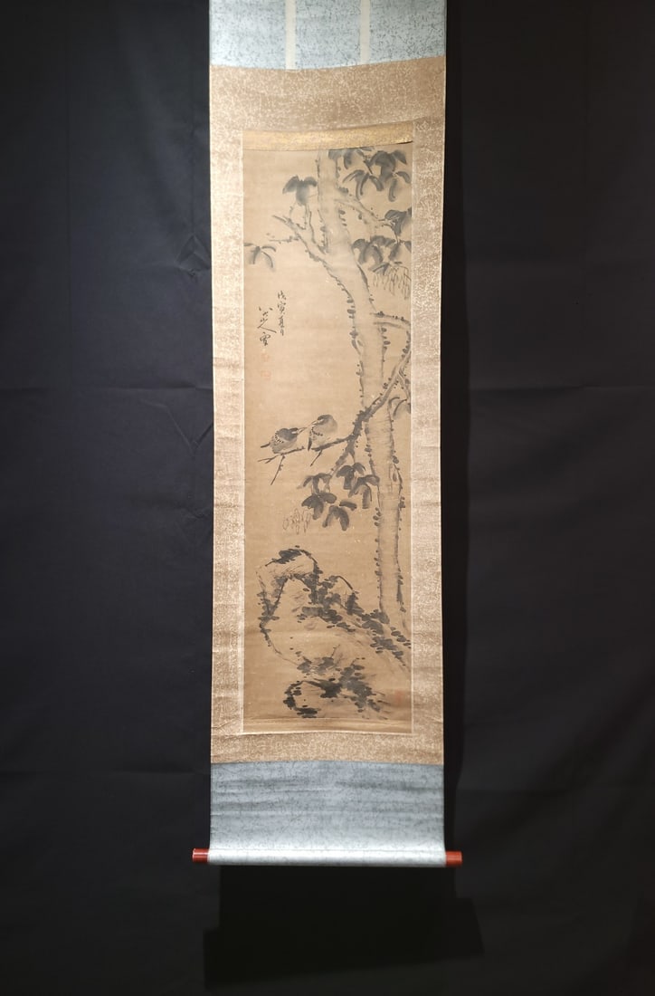 A Chinese Vertical Scroll Ink Painting of Flowers and Birds on Paper: A Chinese Vertical Scroll Ink Painting of Flowers and Birds on Paper,Qing Dynasty, China,Bada Shanren,without frame size:12.8inx43.3in 一幅中国水墨纸本&