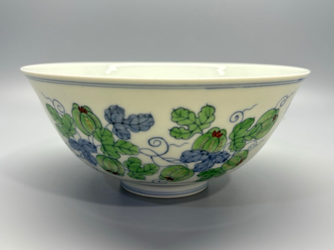 An Exquisite Doucai Watermelon Pattern Bowl: An Exquisite Doucai Watermelon Pattern Bowl,Ming Dynasty, China,Chenghua Six-character Mark,Size:2.6inx6.2in