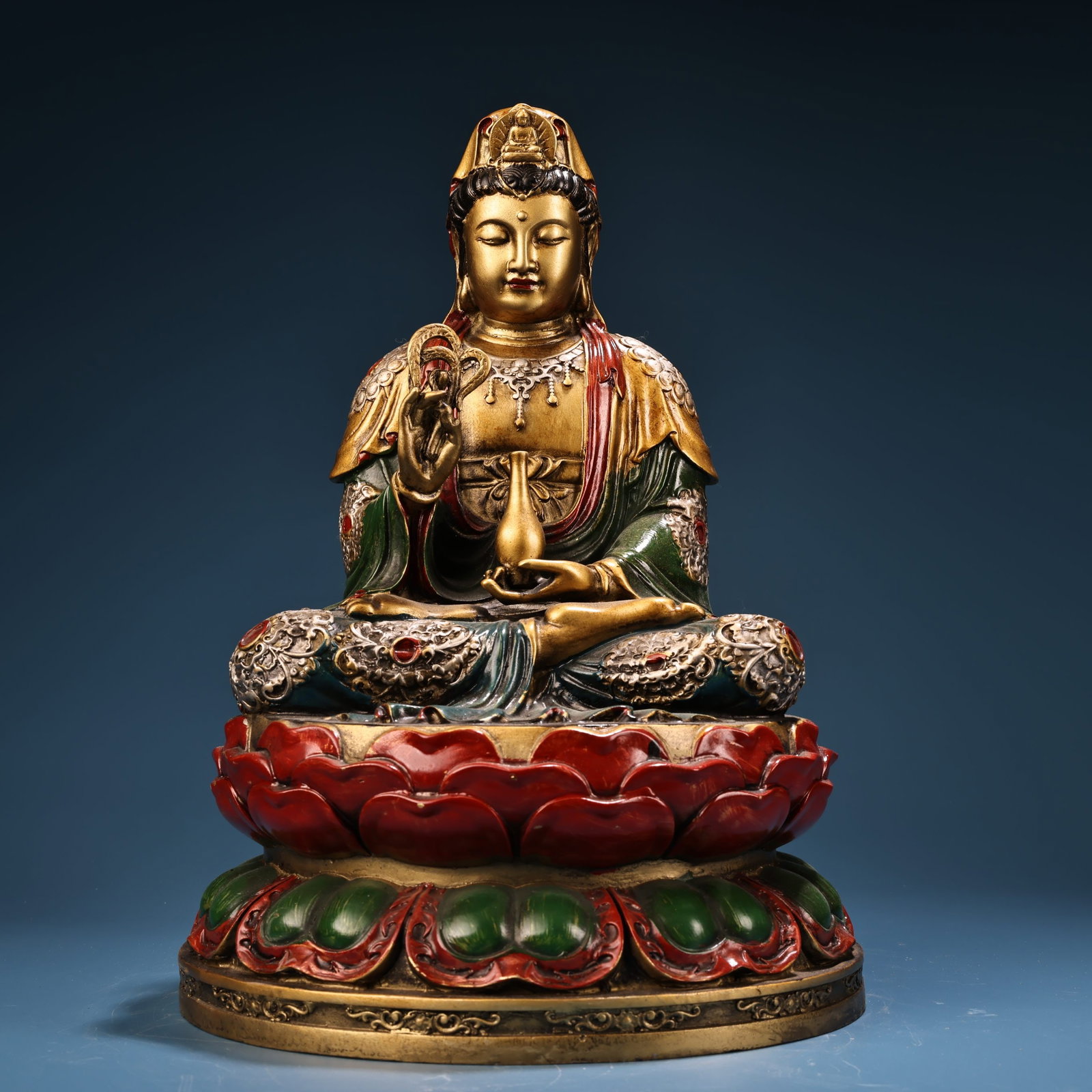 An Exquisite Bronze Polychrome Painted Gold Buddha Statue: An Exquisite Bronze Polychrome Painted Gold Buddha Statue,Qing Dynasty, China,Size:11.8inx8.3in,Weight:3300g