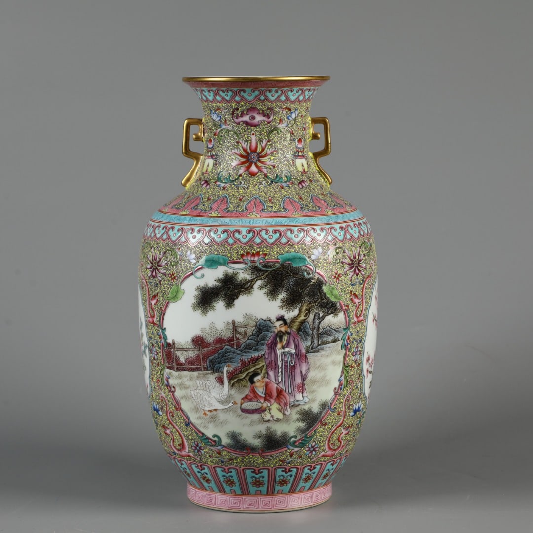An Exquisite Enamel Figures Pattern Double-Ears Vase: An Exquisite Enamel Figures Pattern Double-Ears Vase,Qing Dynasty, China,Qianlong Six-character Mark,Size:12.8inx6.5in