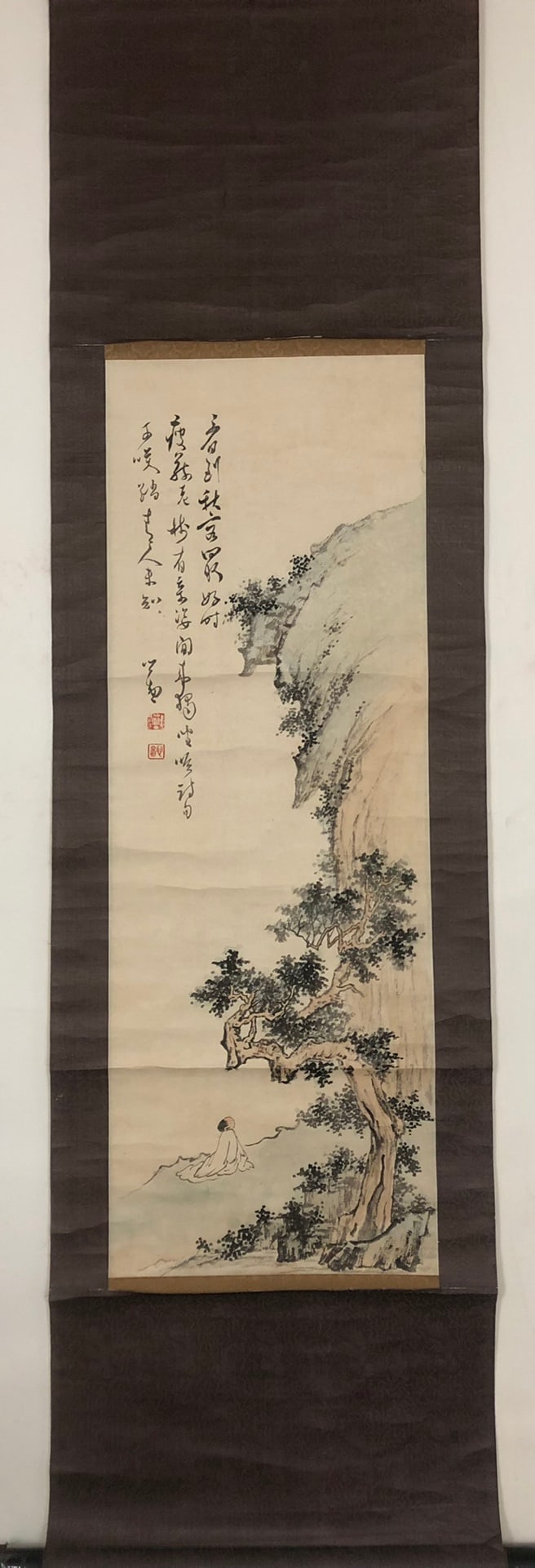 A Chinese Vertical Scroll Ink Painting of Landscape on Paper: A Chinese Vertical Scroll Ink Painting of Landscape on Paper,Modern Time of China,Pu Xinyu,without frame size:35.4inx12.2in