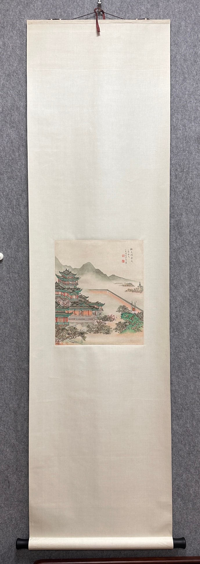 A Chinese Vertical Scroll Ink Painting of Landscape on Paper: A Chinese Vertical Scroll Ink Painting of Landscape on Paper,Modern Time of China,Lu Xiaoman,without frame size:13inx15.7in 一幅中国水墨纸本山