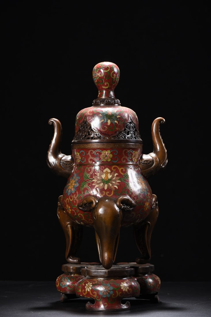 An Exquisite Cloisonne Lotus Pattern Elephant-Ears Censer: An Exquisite Cloisonne Lotus Pattern Elephant-Ears Censer,Ming Dynasty, China,Xuande Four-character Mark,Size:16.1inx7.9in ,Weight:4025g