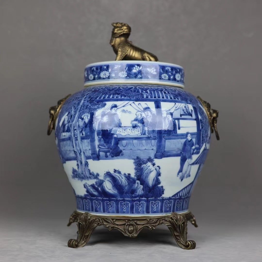 An Exquisite Blue and White Glazed Inlaid Bronze Figures Pattern Lion-Ears Jar: An Exquisite Blue and White Glazed Inlaid Bronze Figures Pattern Lion-Ears Jar,Qing Dynasty, China,Qianlong Six-character Mark,Size:17.3inx6.7inx12.6inx10.2in 青花釉镶铜&