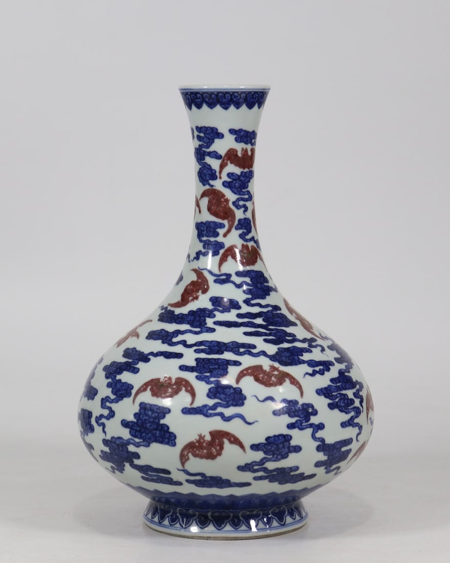 An Exquisite Blue and White Underglaze-Red Bats Pattern Vase: An Exquisite Blue and White Underglaze-Red Bats Pattern Vase,Qing Dynasty, China,Qianlong Six-character Mark,Size:13inx7.9in 青花釉里红蝙蝠纹瓶,&#