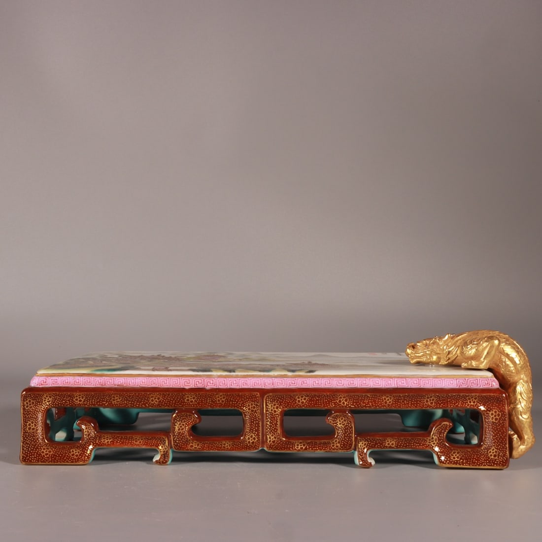 An Exquisite Famille-Rose Painted Gold Landscape Pattern Tea Table: An Exquisite Famille-Rose Painted Gold Landscape Pattern Tea Table,Qing Dynasty, China,Qianlong Four-character Mark,Size:2.8inx10.6inx5in