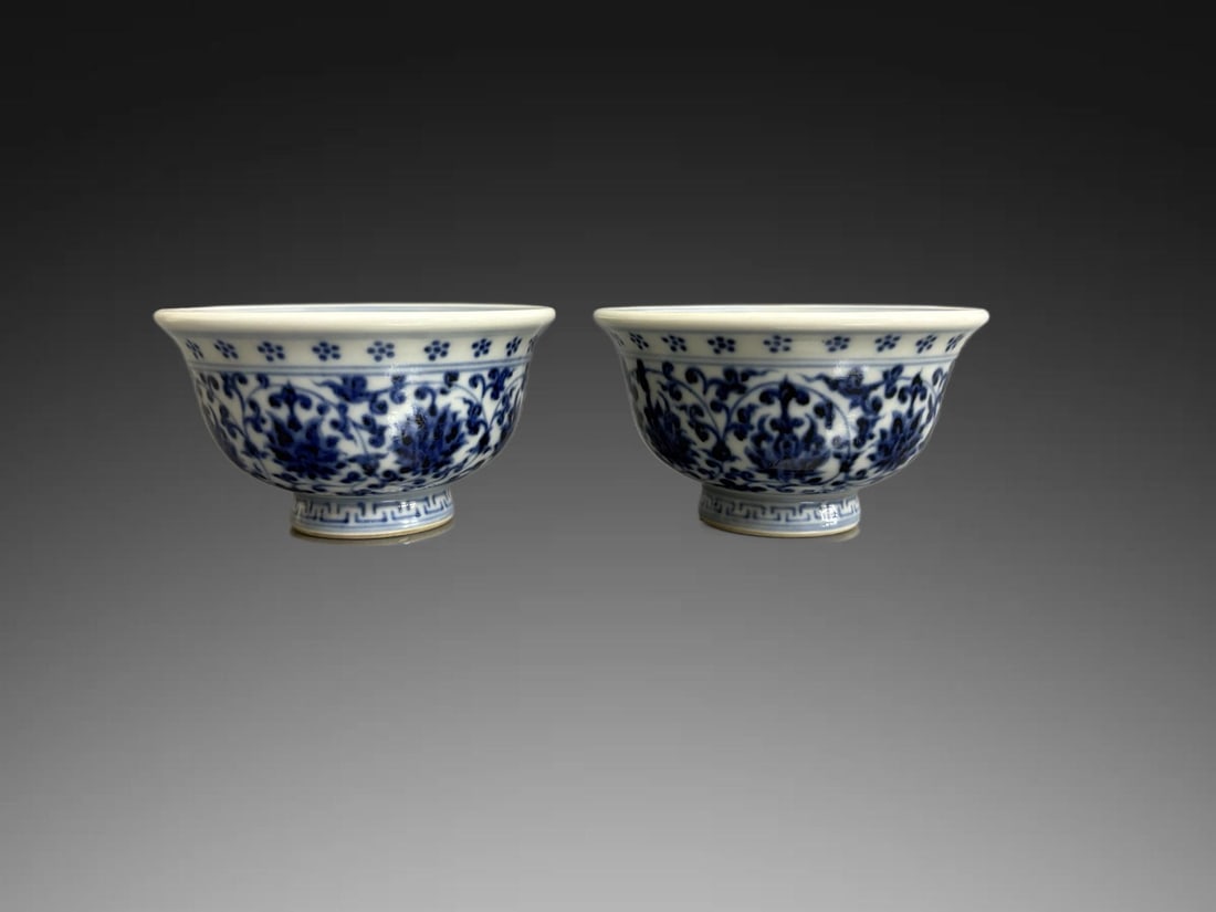 A pair of Exquisite Blue and White Lotus Lion Pattern Cup: A pair of Exquisite Blue and White Lotus Lion Pattern Cup,Qing Dynasty, China,Yongle Four-character Mark,Size:3.8in×2.2in