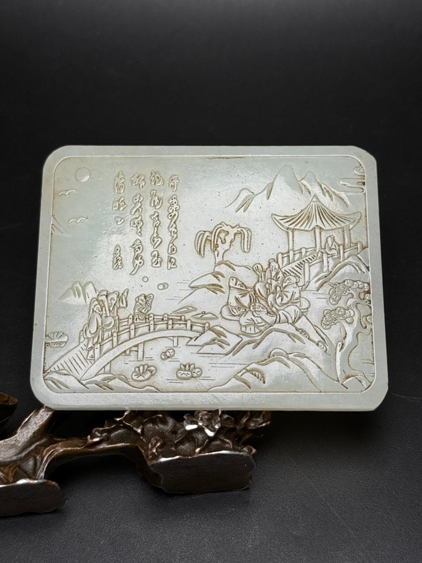 An Exquisite Hotan Jade Figures Pattern Porcelain Plate: An Exquisite Hotan Jade Figures Pattern Porcelain Plate,Qing Dynasty, China,Size:3.1inx2.5inx0.2in,Weight:74g 和田玉人物纹玉板,中国清&