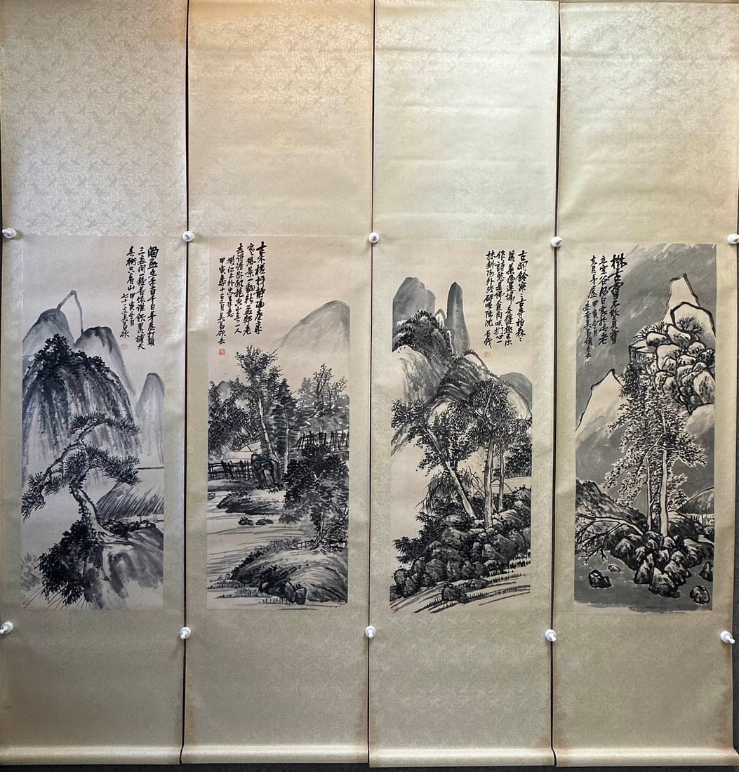 A Set of Four Chinese Vertical Scroll Ink Paintings of Landscape on Paper: A Set of Four Chinese Vertical Scroll Ink Paintings of Landscape on Paper,Modern Time of China,Wu Changshuo,without frame size:15.7inx41.7in