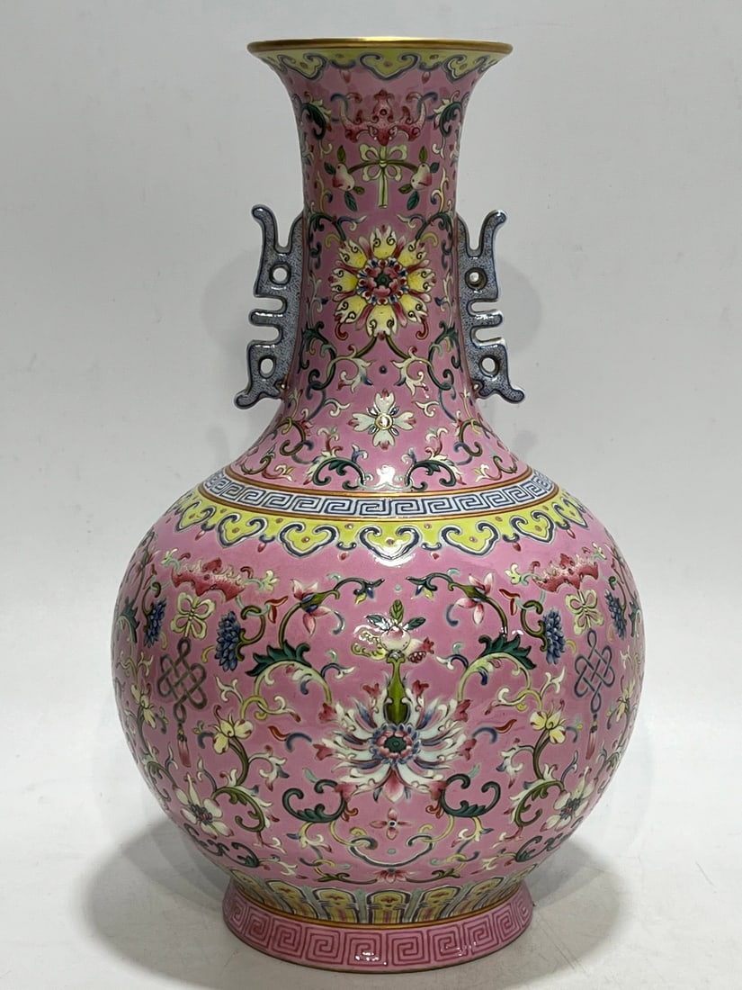 An Exquisite Ruby Red-Glazed Lotus Pattern Double-Ears Vase: An Exquisite Ruby Red-Glazed Lotus Pattern Double-Ears Vase,Qing Dynasty, China,Jiaqing Six-character Mark,Size:12.5in