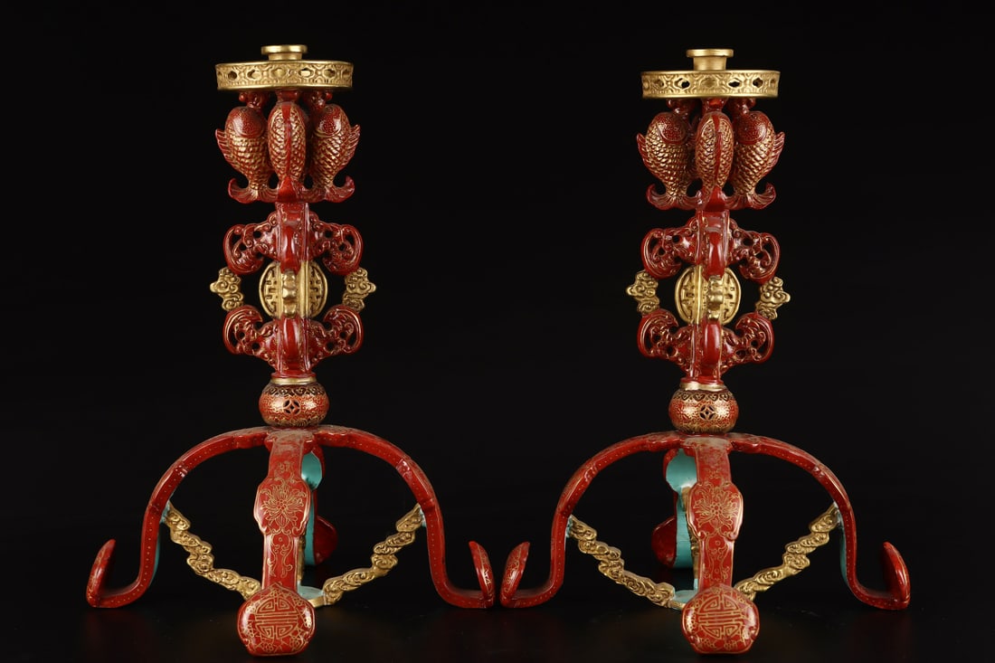 A pair of Exquisite Iron-Red Painted Gold Fish Incense Holder: A pair of Exquisite Iron-Red Painted Gold Fish Incense Holder,Qing Dynasty, China,Qianlong Four-character Mark,Size:12.2inx9in