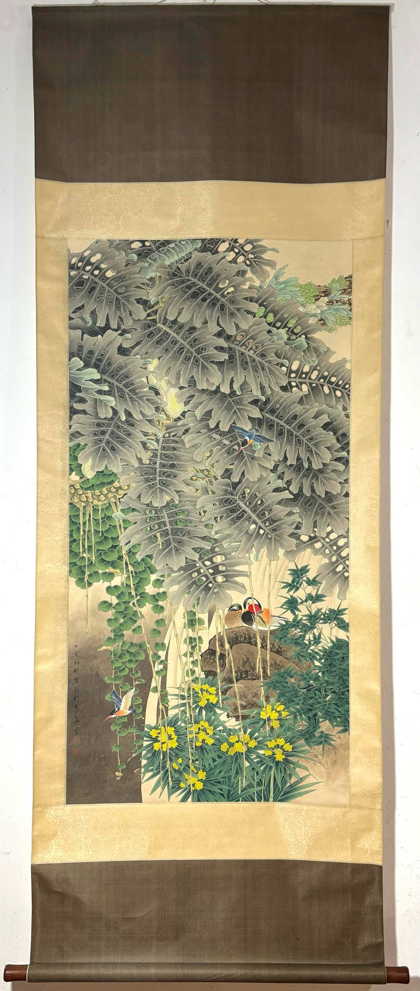 A Chinese Vertical Scroll Ink Painting of Flowers and Birds on Paper: A Chinese Vertical Scroll Ink Painting of Flowers and Birds on Paper,Modern Time of China,Chen Zhifo,without frame size:51inx25.8in