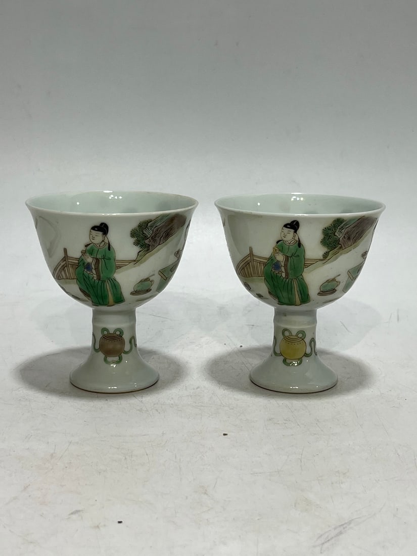 A pair of Exquisite Doucai Figures Pattern Cups: A pair of Exquisite Doucai Figures Pattern Cups,Qing Dynasty, China,Kangxi Six-character Mark,Size:3.1in