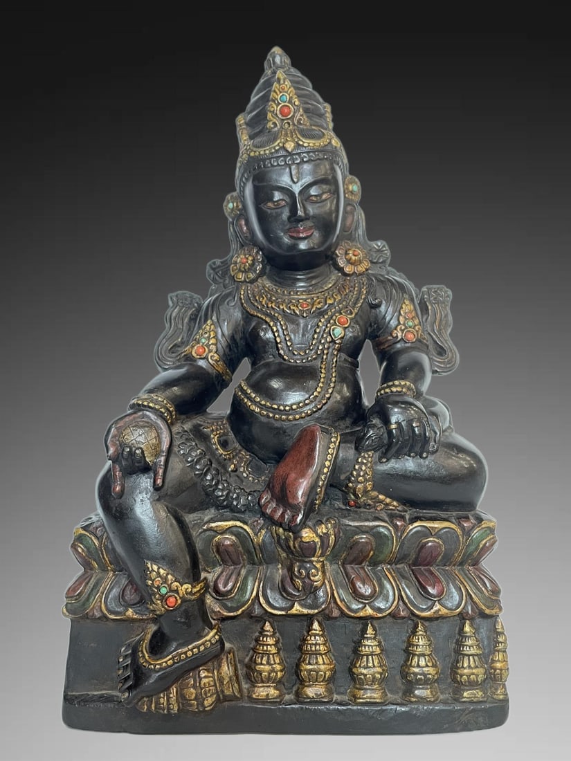 An Exquisite Black Stone Painted Gold Inlaid Hundred Treasures God Of Wealth Ornament: An Exquisite Black Stone Painted Gold Inlaid Hundred Treasures God Of Wealth Ornament,Qing Dynasty, China,Size:14.4inx8.7inx4.7in,Weight:8861g