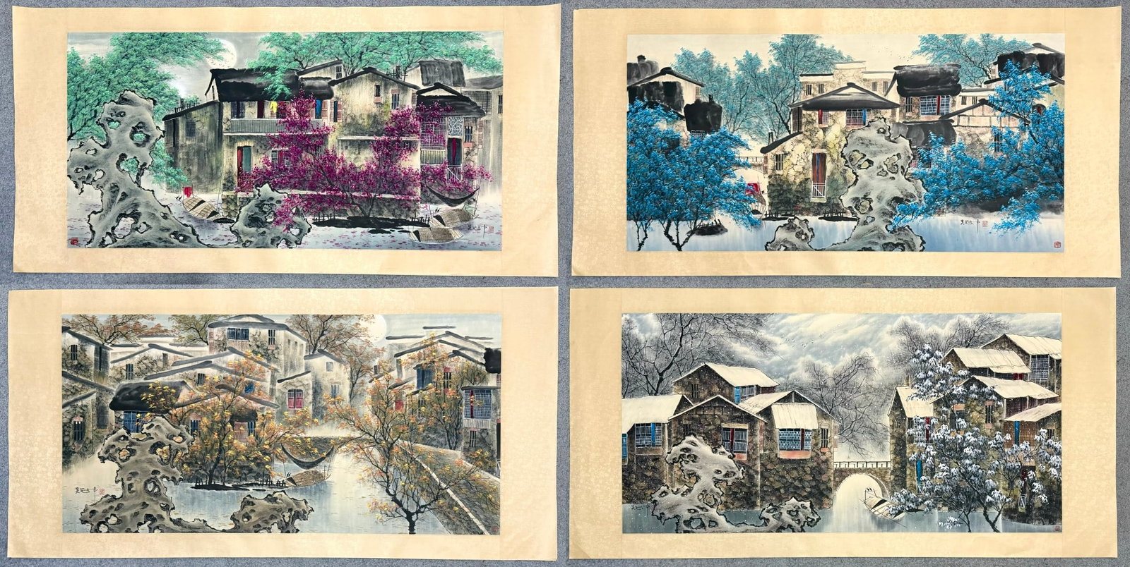 A Set of Chinese Ink Paintings of Landscape on Paper (Four Pieces): A Set of Chinese Ink Paintings of Landscape on Paper (Four Pieces),Modern Time of China,Wu Guanzhong,without frame size:53.9inx26.8in 一套中国水墨纸本&#