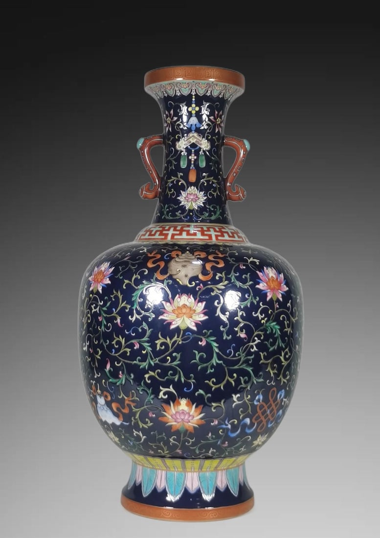 An Exquisite Enamel Ji Blue Glazed Lotus Pattern Ruyi-Ears Vase: An Exquisite Enamel Ji Blue Glazed Lotus Pattern Ruyi-Ears Vase,Qing Dynasty, China,Qianlong Six-character Mark,Size:16.3inx7.9in 珐琅彩霁蓝釉缠枝ഫ