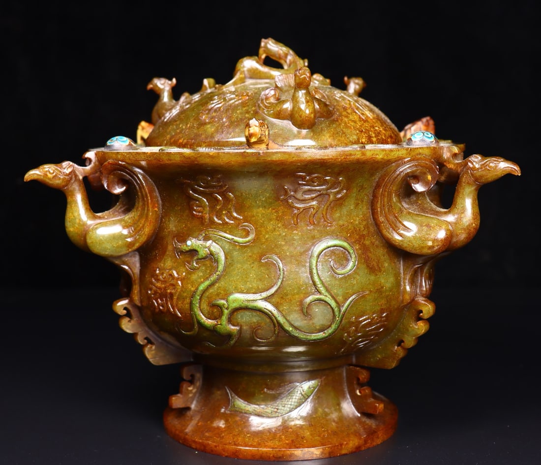 An Exquisite Hotan Jade Inlaid Turquoise Phoenix-Ears Censer: An Exquisite Hotan Jade Inlaid Turquoise Phoenix-Ears Censer,Han Dynasty, China,Size:8.3inx8.7inx7.9in,Weight:2036g 和田玉镶嵌松石凤耳炉,