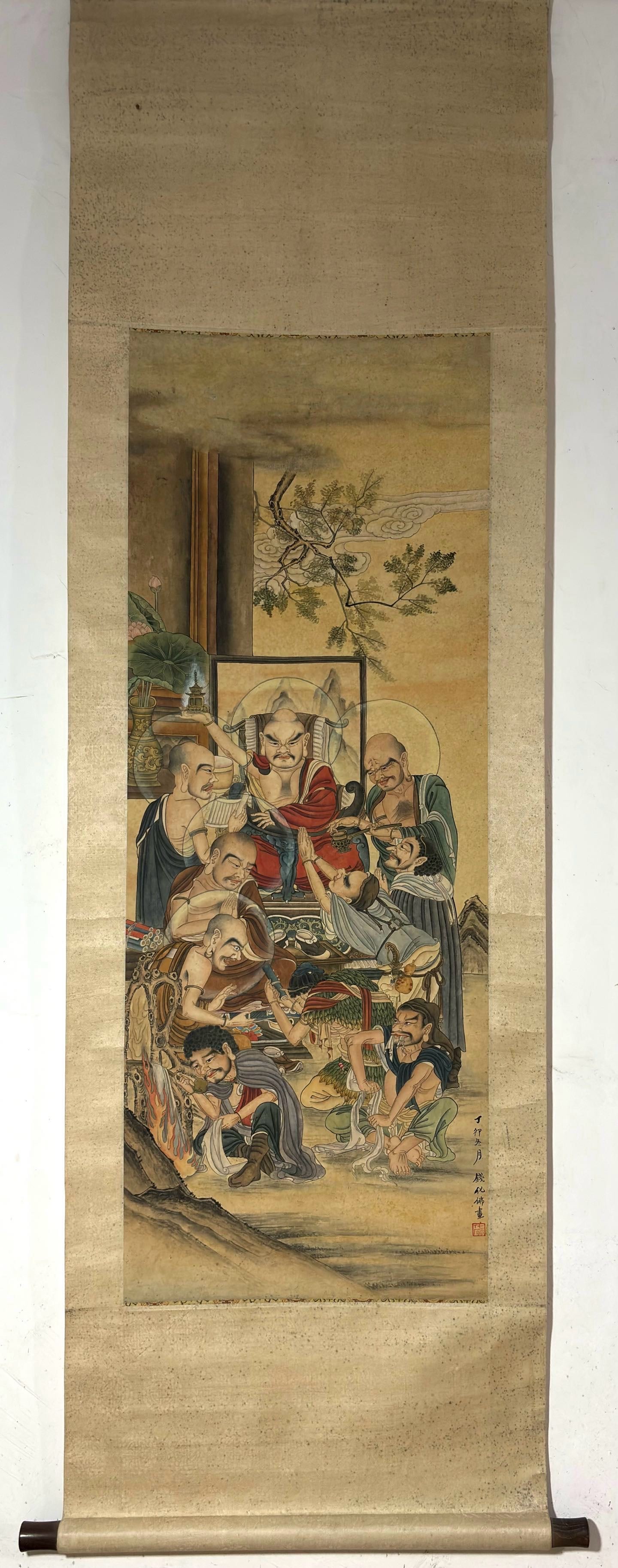 A Chinese Vertical Scroll Ink Painting of Arhat on Silk: A Chinese Vertical Scroll Ink Painting of Arhat on Silk,Modern Time of China,Qian Huafu,without frame size:47.6inx17.7in 一幅中国水墨绢本罗汉