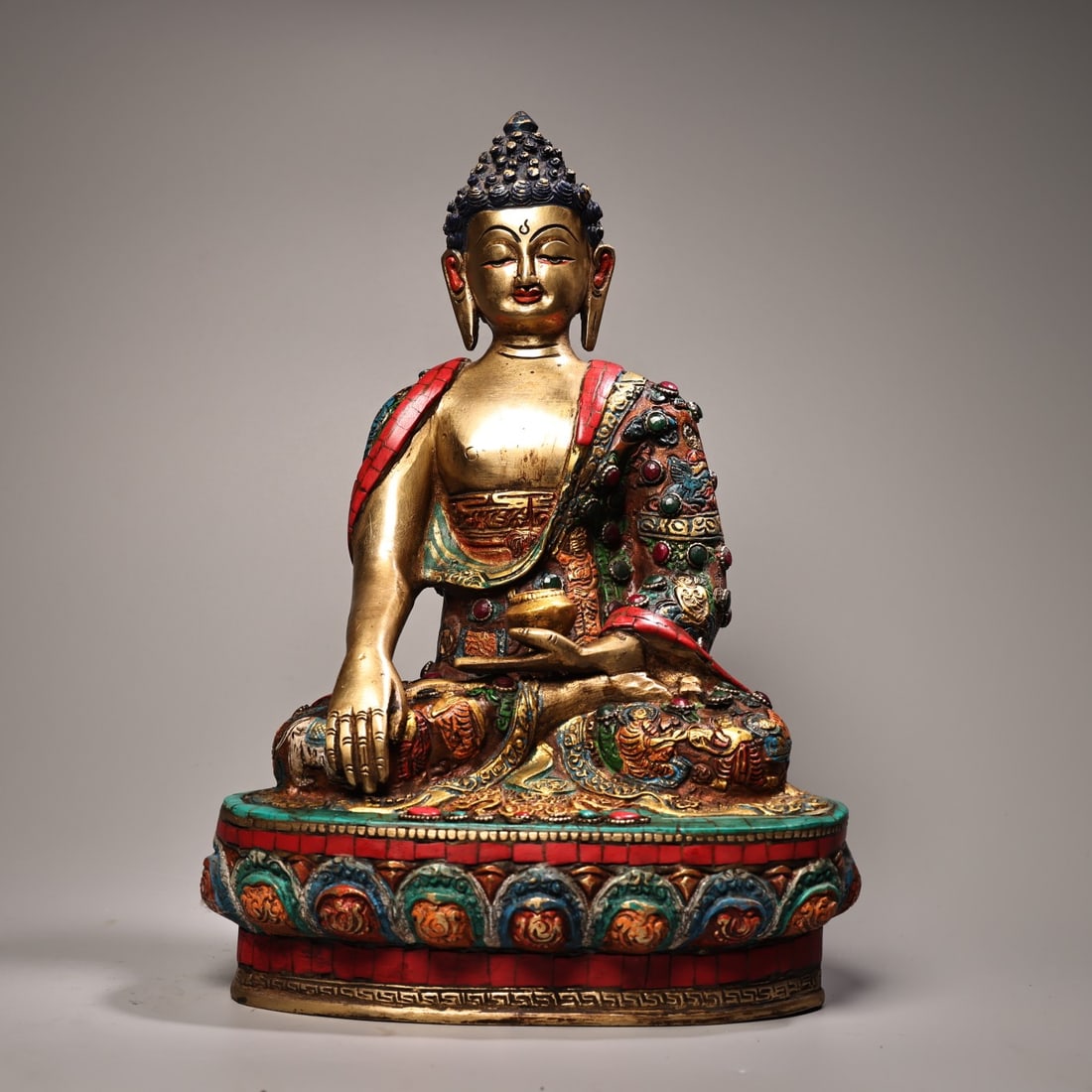 An Exquisite Bronze Inlaid Gems Painted Gold Buddha Statue: An Exquisite Bronze Inlaid Gems Painted Gold Buddha Statue,Ming Dynasty, China,Size:12.6inx8.7in,Weight:4800g