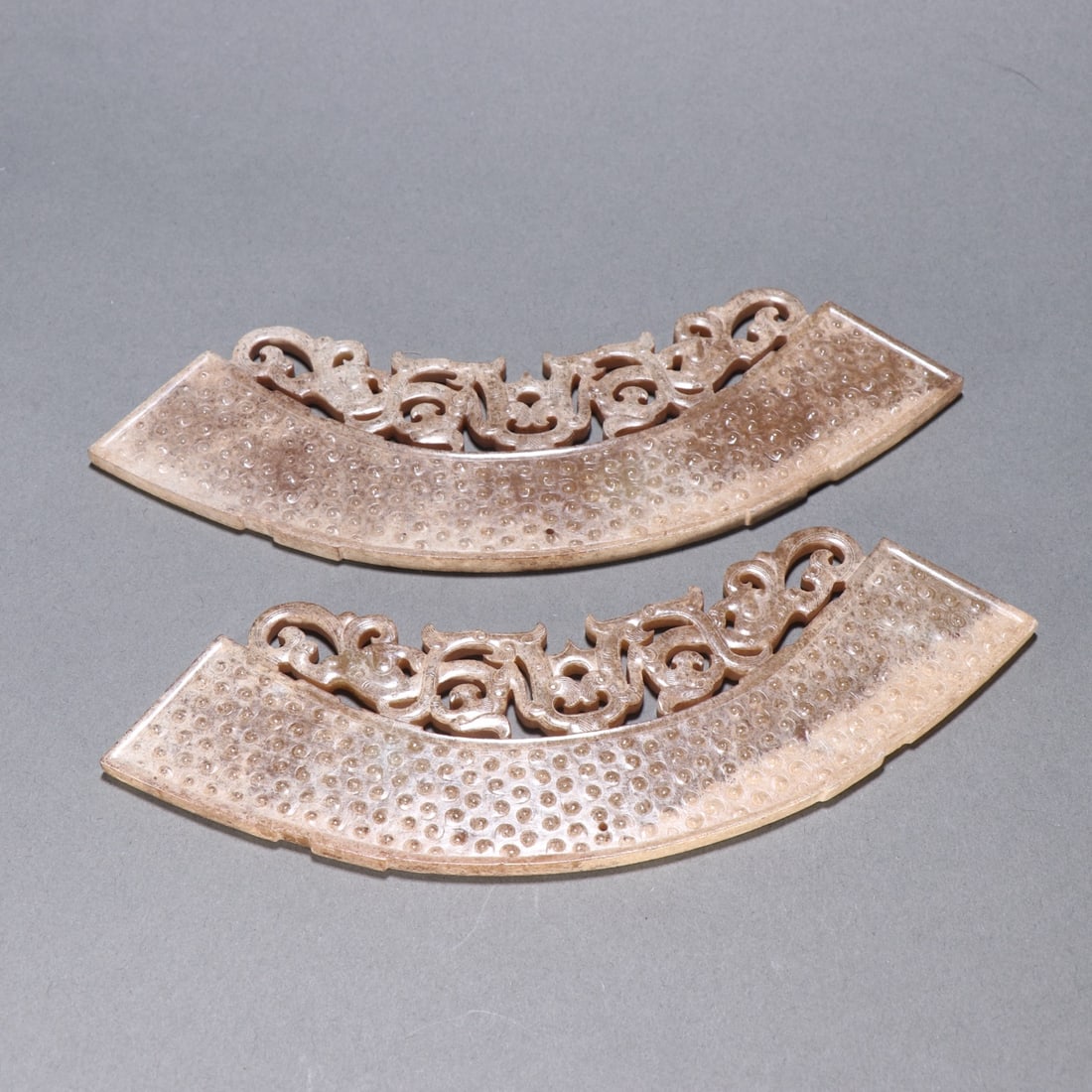 A pair of Exquisite Gaogu Jade Ornament: A pair of Exquisite Gaogu Jade Ornament,Han Dynasty, China,Size:7.5inx2.1in,Weight:99.1g 一对高古玉璜,中国汉代