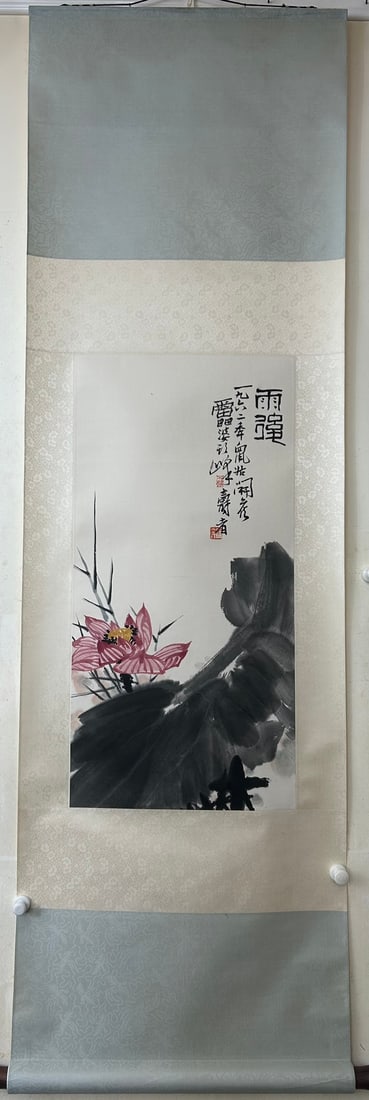 A Chinese Vertical Scroll Ink Painting of Flowers on Paper: A Chinese Vertical Scroll Ink Painting of Flowers on Paper,Modern Time of China,Pan Tianshou,without frame size:26.8inx14.2in