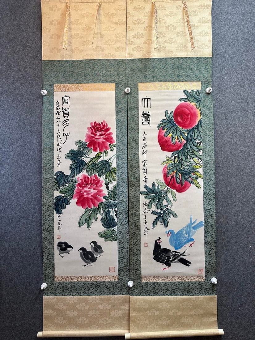 A Pair of Chinese Vertical Scroll Ink Paintings of Flowers and Birds on Paper: A Pair of Chinese Vertical Scroll Ink Paintings of Flowers and Birds on Paper,Modern Time of China,Qi Baishi,without frame size:13.8inx40.2in 一对中国水墨纸&#