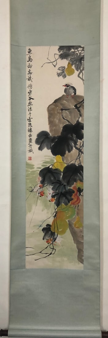 A Chinese Vertical Scroll Ink Painting of Flowers and Birds on Paper: A Chinese Vertical Scroll Ink Painting of Flowers and Birds on Paper,Qing Dynasty, China,Xu Gu,without frame size:50.4inx13in