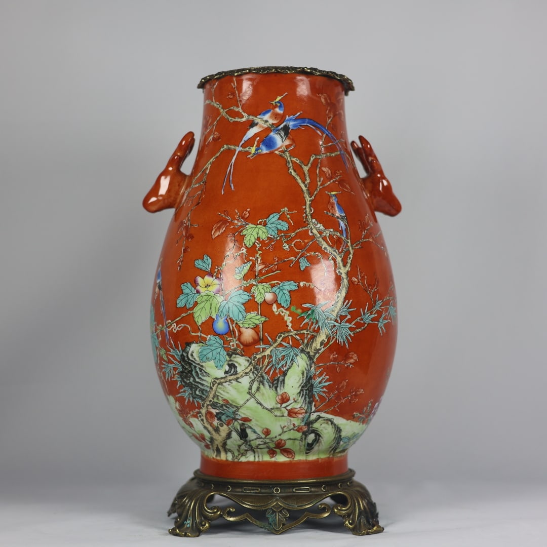 An Exquisite Orange-Red Ground Famille-Rose Flower and Bird Pattern Copper-Inlaid Deer-Head Vase: An Exquisite Orange-Red Ground Famille-Rose Flower and Bird Pattern Copper-Inlaid Deer-Head Vase,Qing Dynasty, China,Yongzheng Four-character Mark,Size:17.7inx6.3inx9.4inx9.4in