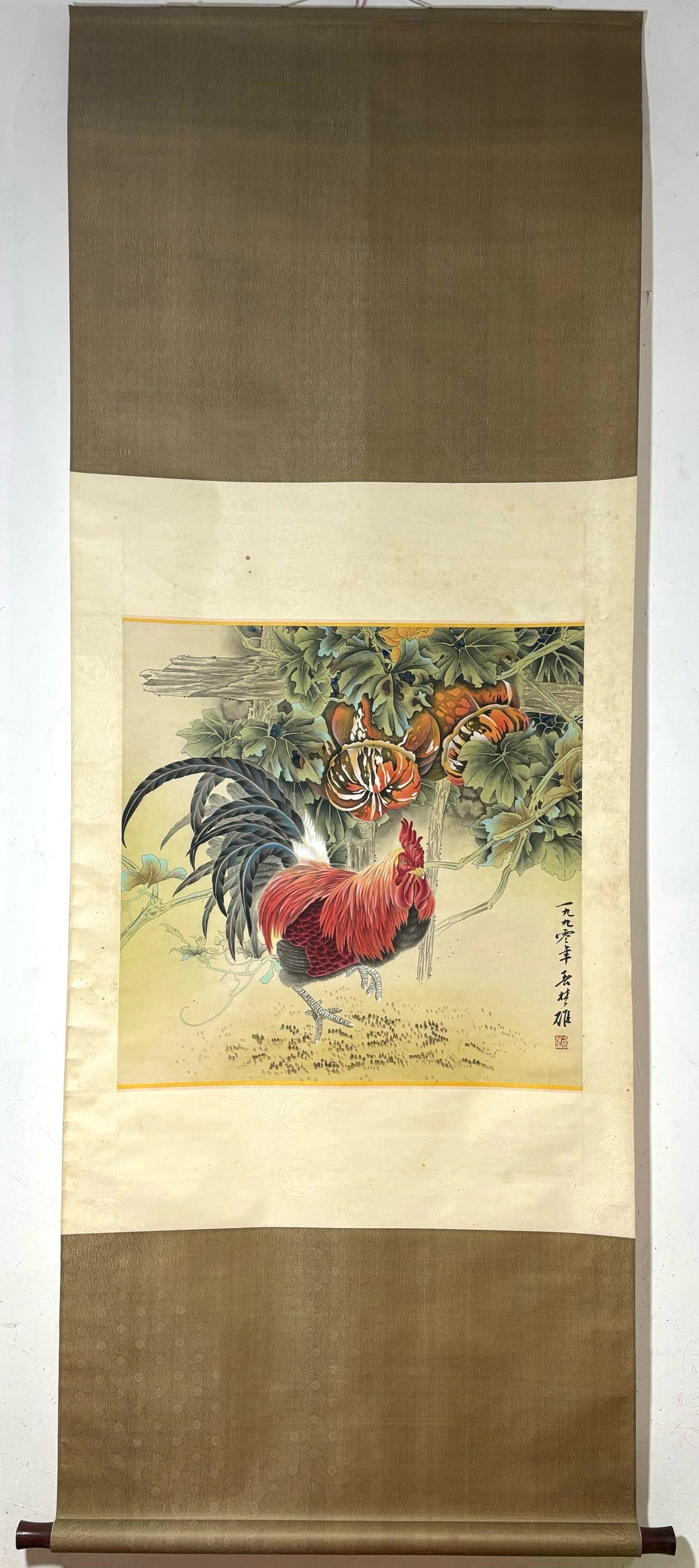 A Chinese Vertical Scroll Ink Painting of Flowers and Birds on Paper: A Chinese Vertical Scroll Ink Painting of Flowers and Birds on Paper,Modern Time of China,Fang Chuxiong,without frame size:25.4inx25.6in