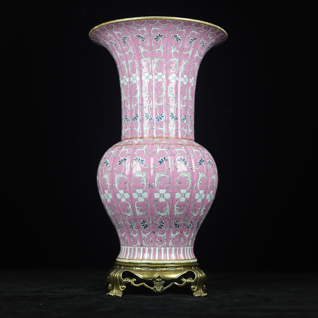 An Exquisite Pink Ground Famille-Rose Inlaid Bronze Flower Pattern Vase: An Exquisite Pink Ground Famille-Rose Inlaid Bronze Flower Pattern Vase,Qing Dynasty, China,Qianlong Six-character Mark,Size:16.1inx8.9inx6.3inx5.7in