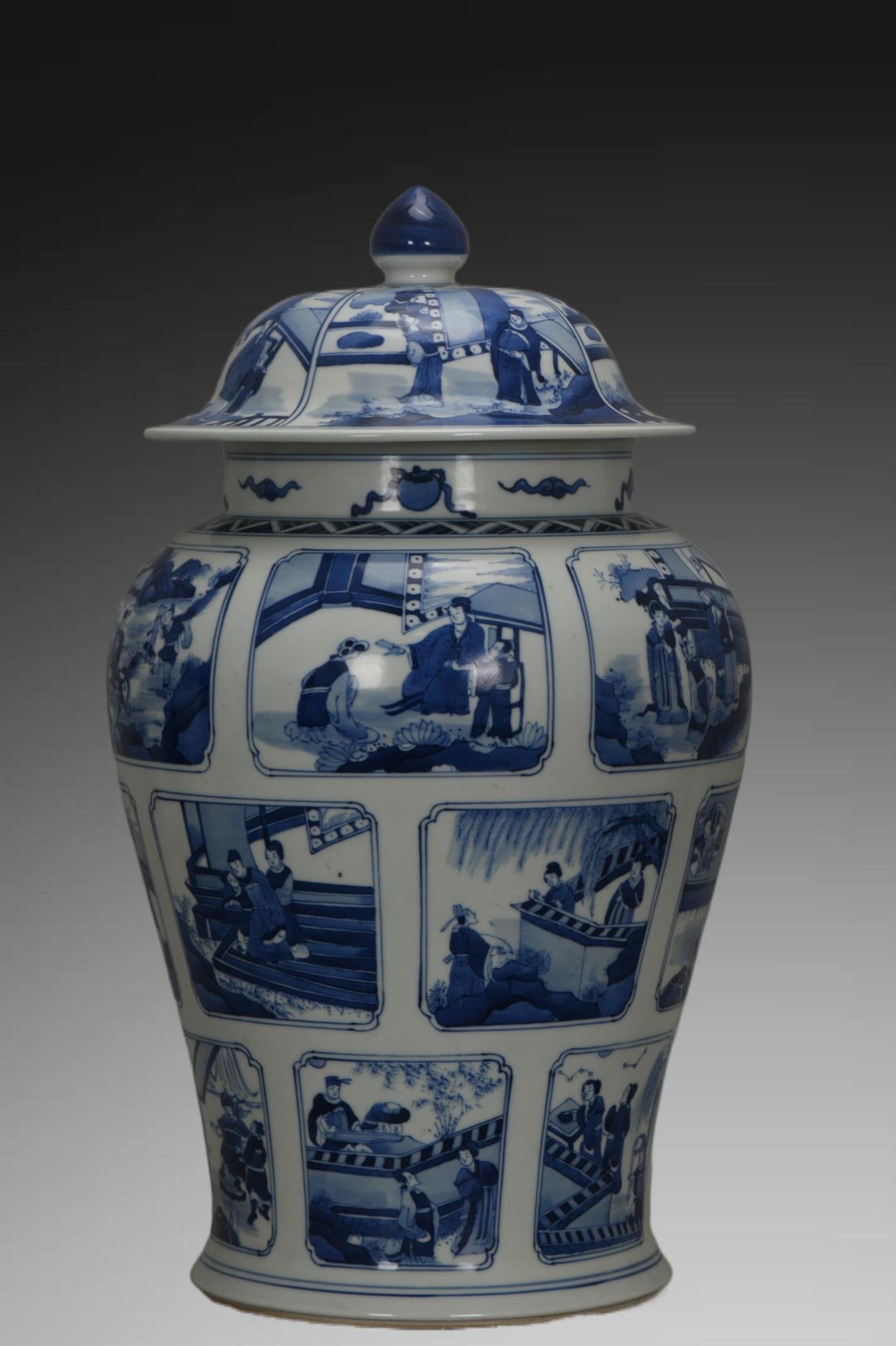 An Exquisite Blue and White Figures Pattern Jar: An Exquisite Blue and White Figures Pattern Jar,Qing Dynasty, China,Kangxi Six-character Mark,Size:20.5inx11.8inx8.3in 青花人物纹罐,中国清代