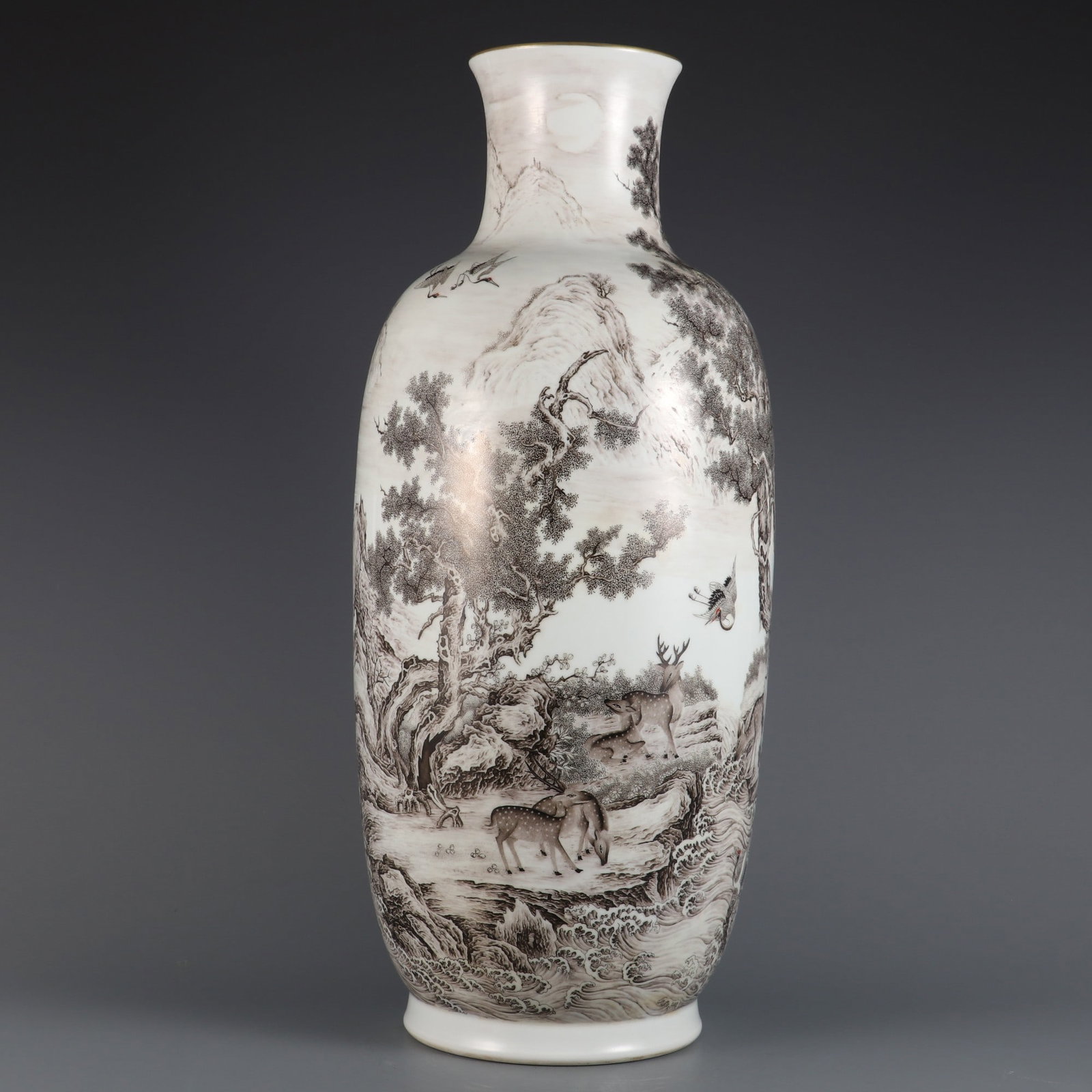 An Exquisite Ink Color Deer and Crane Pattern Vase: An Exquisite Ink Color Deer and Crane Pattern Vase,Qing Dynasty, China,Qianlong Six-character Mark,Size:21.2inx8.7inx4.5in