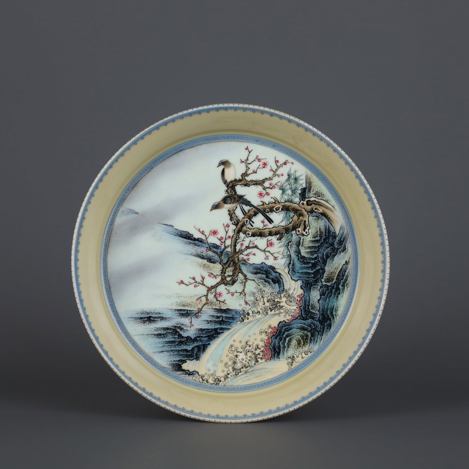 An Exquisite Yellow Glazed Famille-Rose Flower and Bird Pattern Plate: An Exquisite Yellow Glazed Famille-Rose Flower and Bird Pattern Plate,Qing Dynasty, China,Yongzheng Six-character Mark,Size:1.5inx7.1in