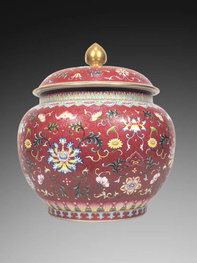 An Exquisite Enamel Ruby Red-Glazed Lotus Pattern Jar: An Exquisite Enamel Ruby Red-Glazed Lotus Pattern Jar,Qing Dynasty, China,Qianlong Four-character Mark,Size:13.2inx11.4in