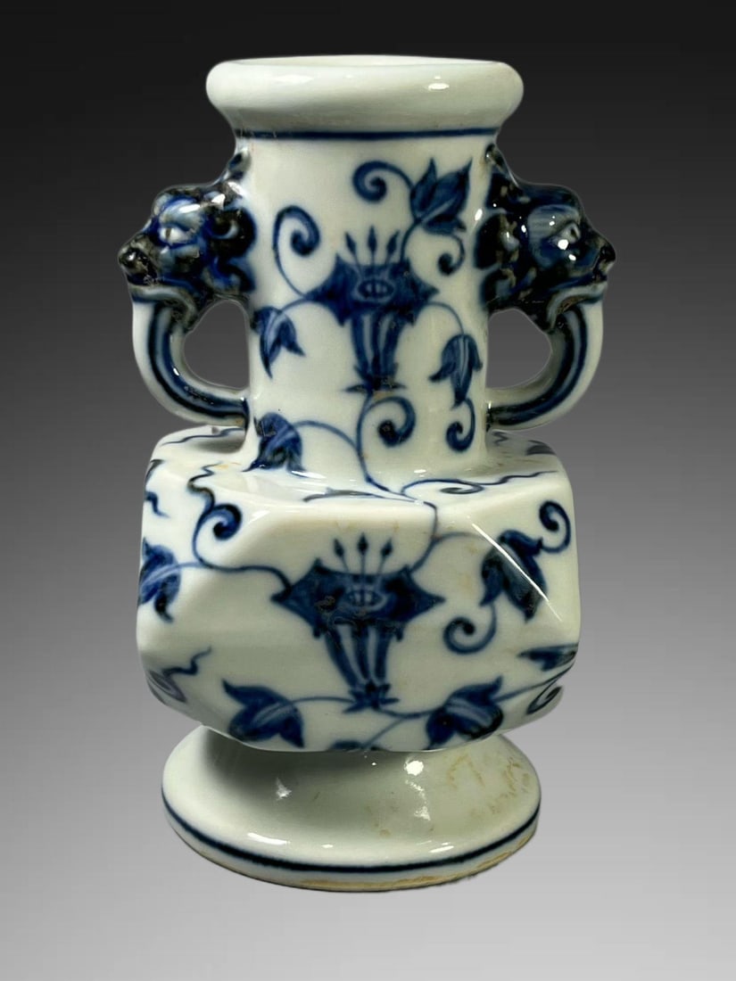 An Exquisite Blue and White Trumpet Flower Pattern Beast-Ears Vase: An Exquisite Blue and White Trumpet Flower Pattern Beast-Ears Vase,Ming Dynasty, China,Xuande Six-character Mark,Size:5.3in 青花喇叭花纹兽耳瓶,