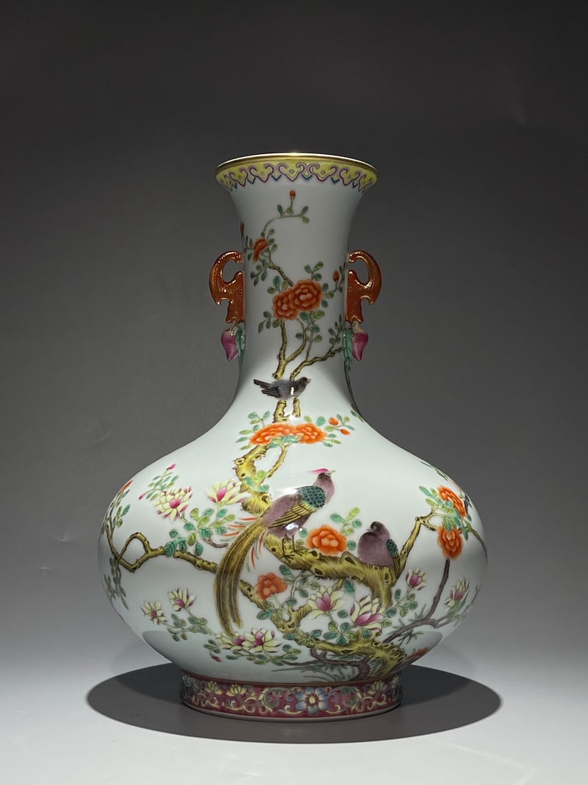 An Exquisite Famille-Rose Flower and Bird Pattern Double-Ears Vase: An Exquisite Famille-Rose Flower and Bird Pattern Double-Ears Vase,Qing Dynasty, China,Qianlong Six-character Mark,Size:11.3inx8.3in 粉彩花鸟纹双耳瓶,&#