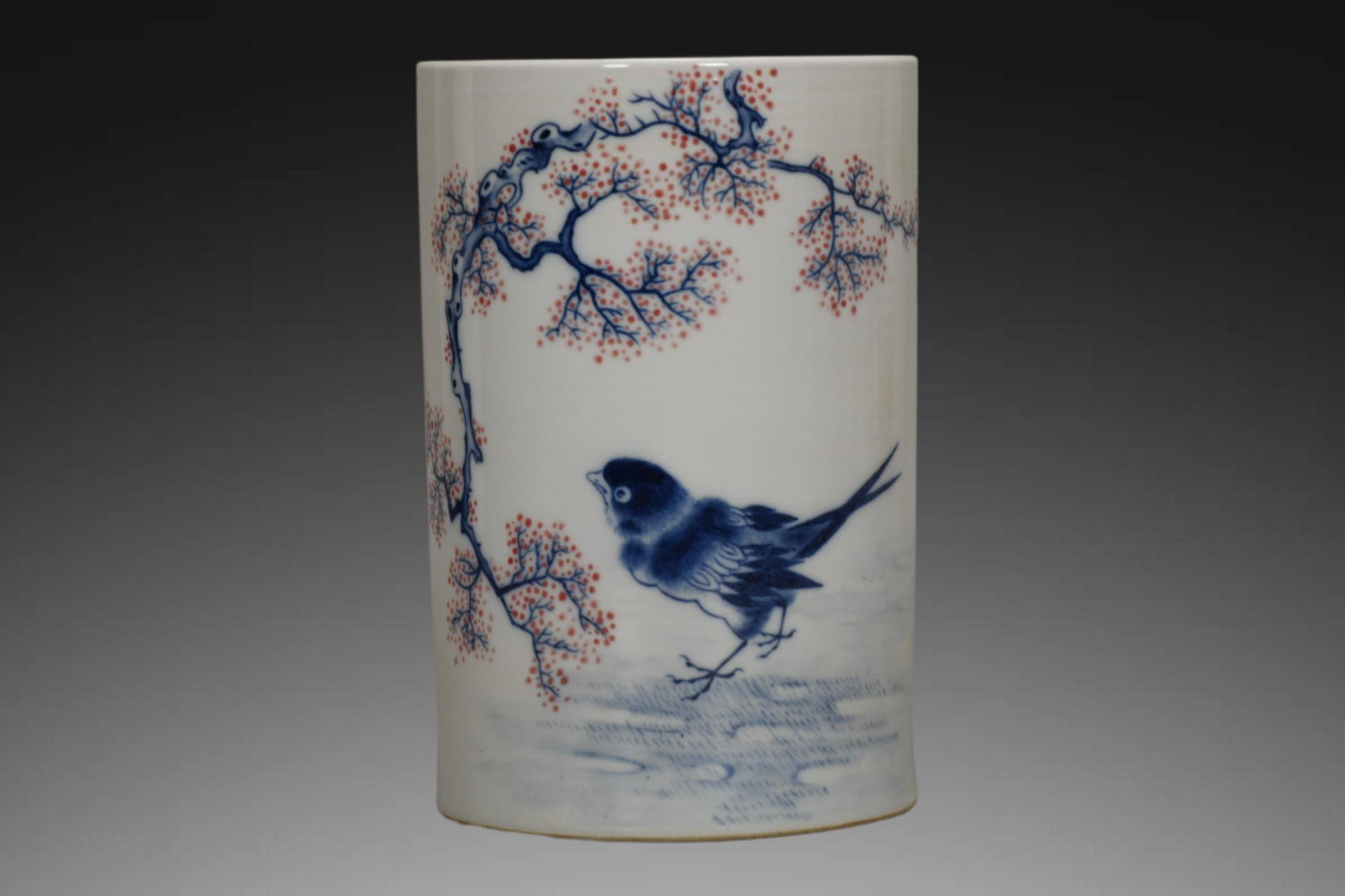 An Exquisite Blue and White Underglaze-Red Flower and Bird Pattern Brush Pot: An Exquisite Blue and White Underglaze-Red Flower and Bird Pattern Brush Pot,Republic of China,With Mark,Size:7.1inx5.1in 青花釉里红花鸟纹笔ౕ