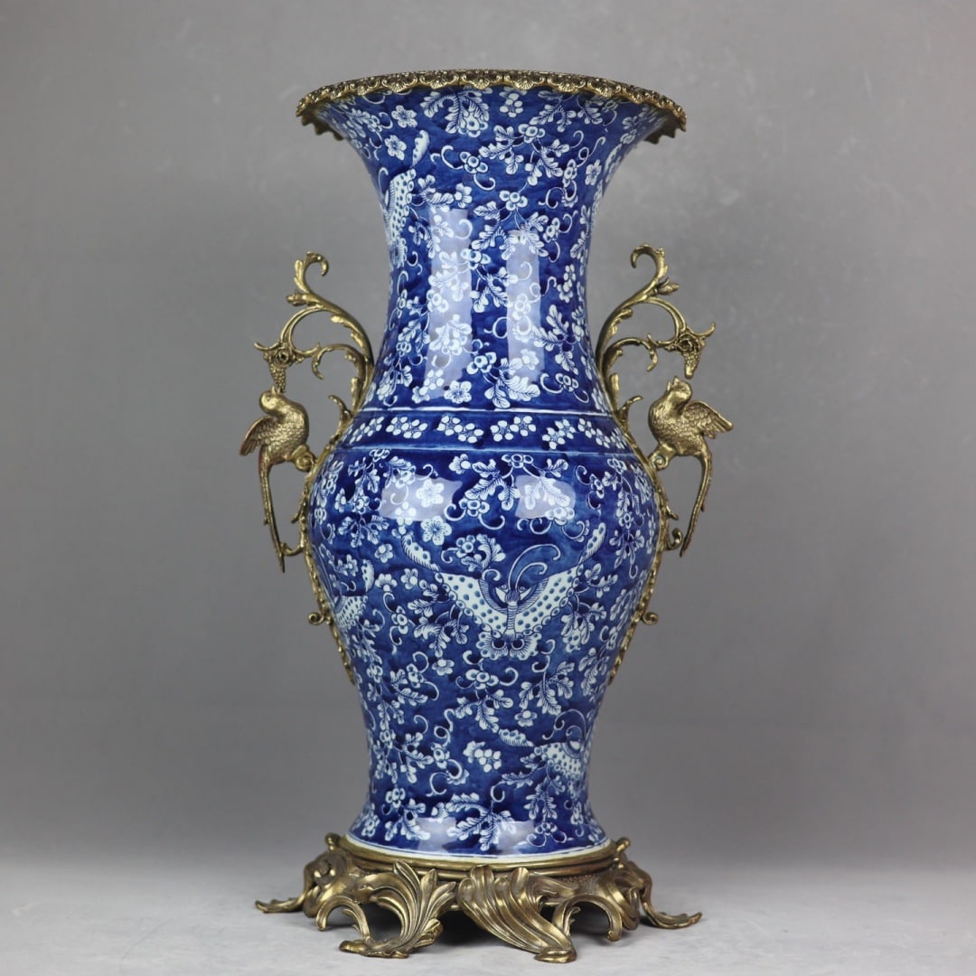 An Exquisite Blue and White Inlaid Bronze Flower and Butterfly Pattern Bird-Ears Vase: An Exquisite Blue and White Inlaid Bronze Flower and Butterfly Pattern Bird-Ears Vase,Qing Dynasty, China,Size:21.7inx10.2inx12.2inx11.6in 青花镶铜花蝶纹Ɣ