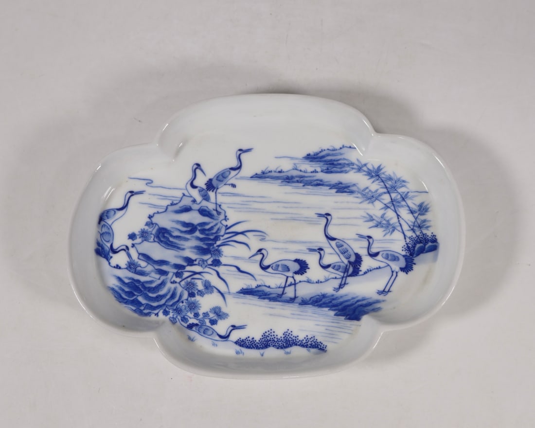 An Exquisite Blue and White Crane Pattern Brush Washer: An Exquisite Blue and White Crane Pattern Brush Washer,Qing Dynasty, China,Qianlong Six-character Mark,Size:6.5inx4.7in