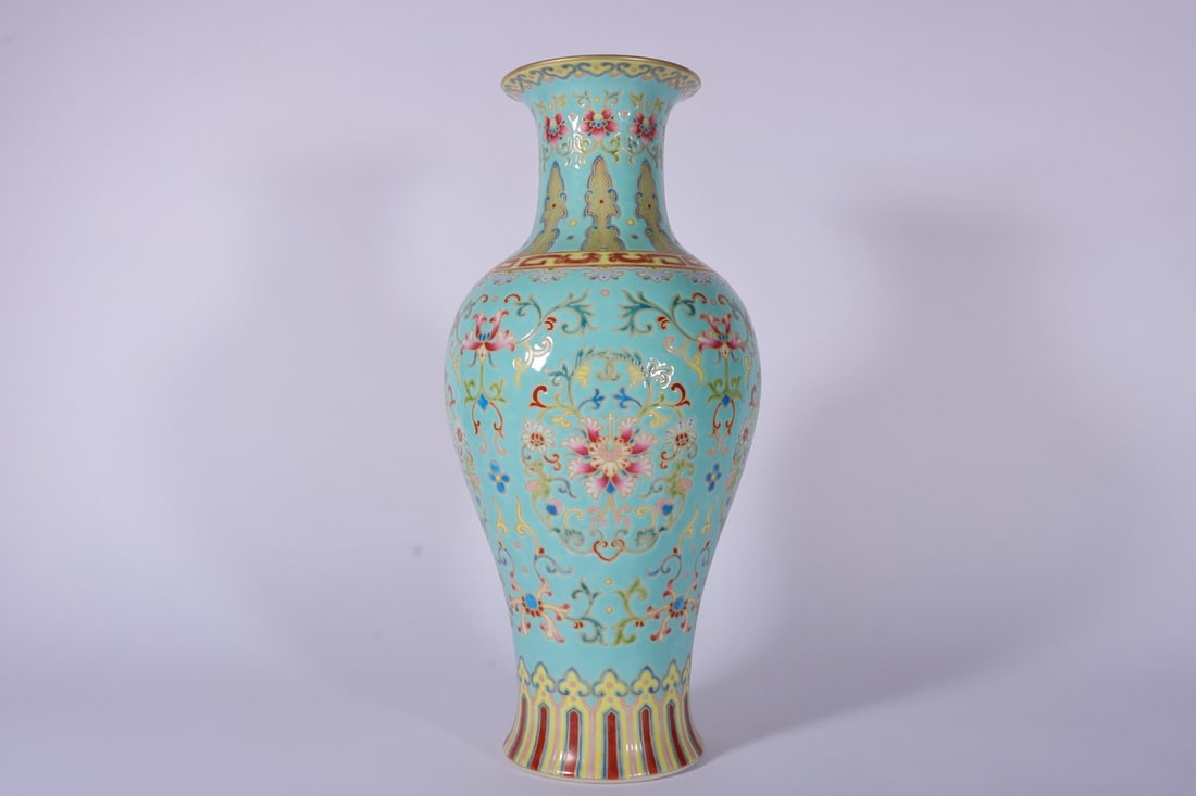 An Exquisite Enamel Green Ground Painted Gold Lotus Pattern Vase: An Exquisite Enamel Green Ground Painted Gold Lotus Pattern Vase,Qing Dynasty, China,Qianlong Six-character Mark,Size:15.2inx4.4inx6.3inx4.5in