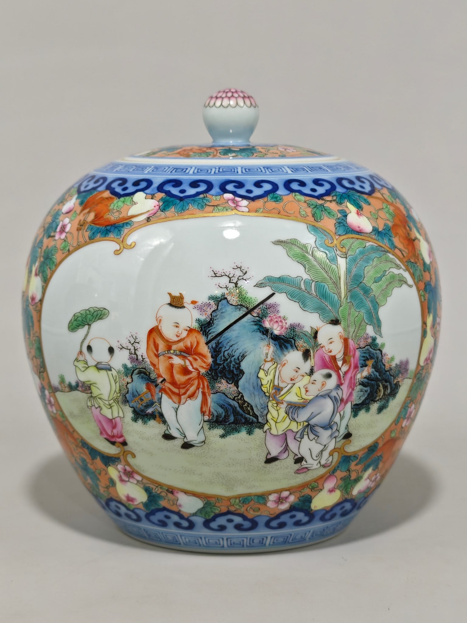 An Exquisite Famille-Rose Character and Story Pattern Jar: An Exquisite Famille-Rose Character and Story Pattern Jar,Qing Dynasty, China,Qianlong Six-character Mark,Size:7.7inx7.1in