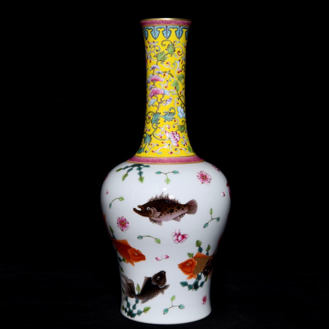 An Exquisite Famille-Rose Fish and Lotus Pattern Vase: An Exquisite Famille-Rose Fish and Lotus Pattern Vase,Qing Dynasty, China,Qianlong Six-character Mark,Size:13.2inx5.7in
