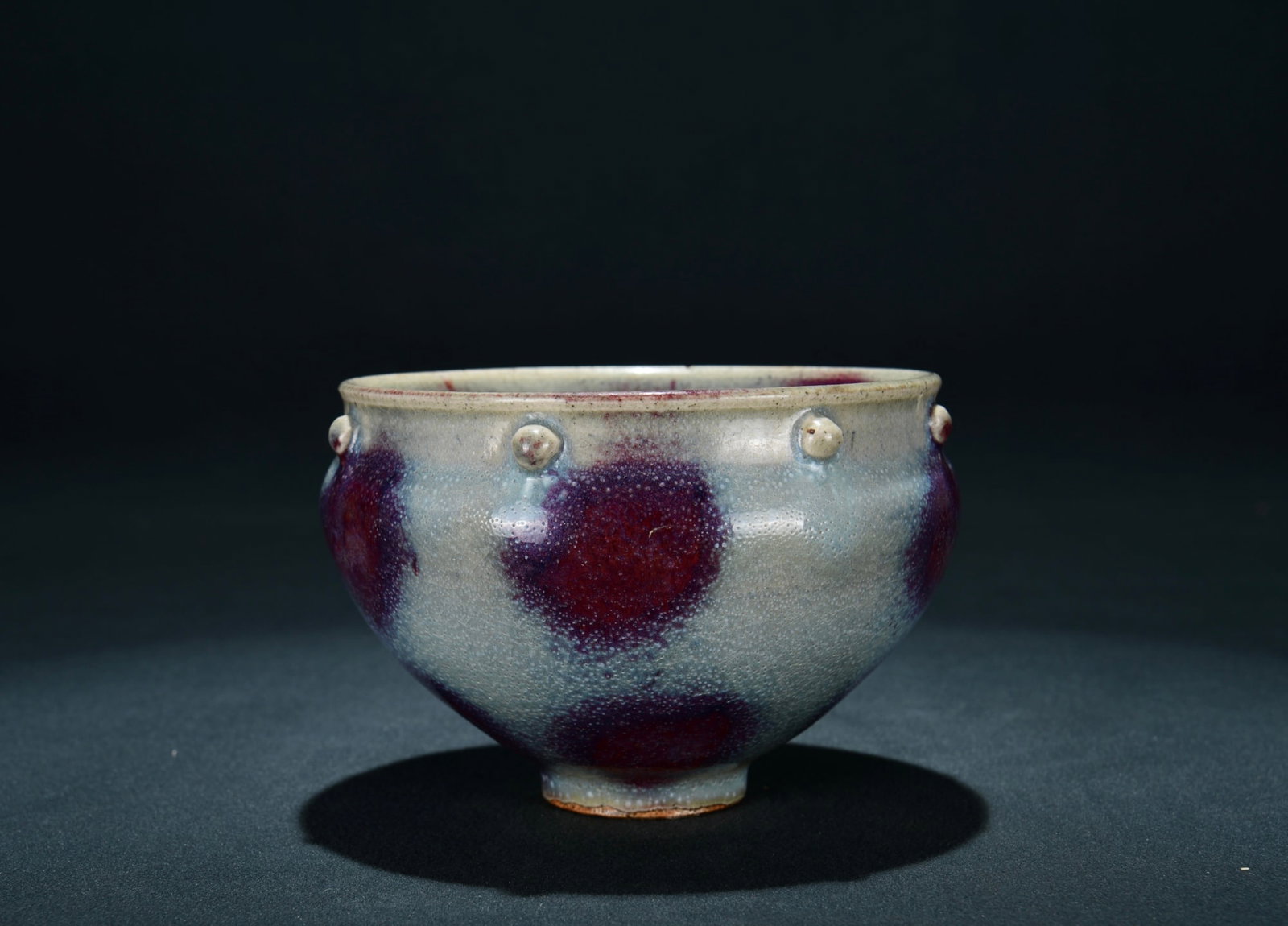 An Exquisite Jun yao Moon White Glazed Drum-Nail Pattern Jar: An Exquisite Jun yao Moon White Glazed Drum-Nail Pattern Jar,Song Dynasty, China,Size:4.3inx5.9in 钧窑月白釉鼓钉罐,中国宋代